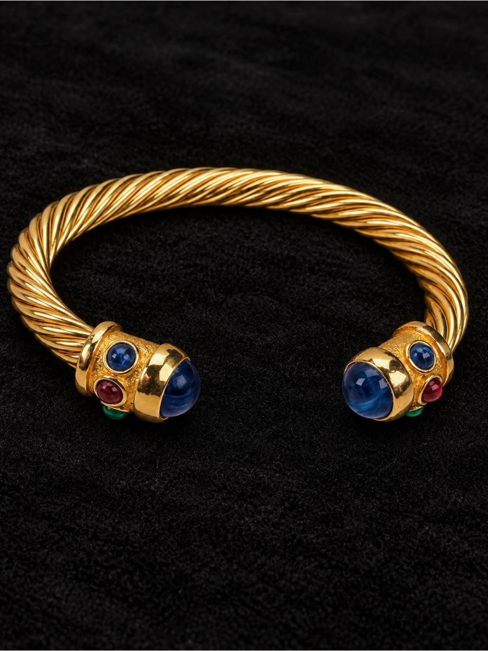Vintage Gold Tone Cable Cuff Bracelet Blue Red Green Cabochon Ends